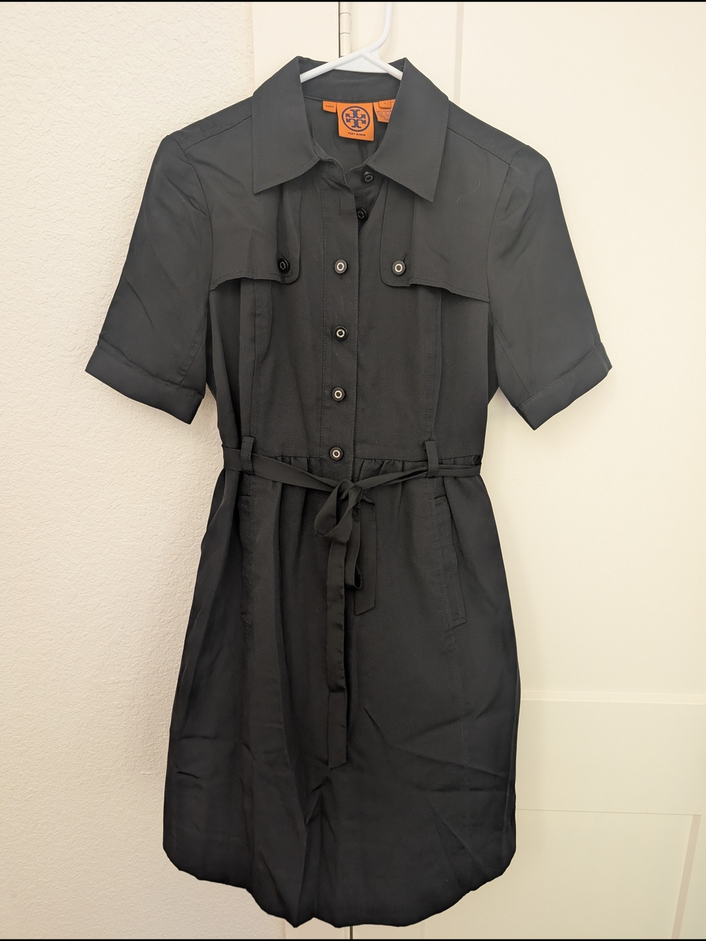 Tory Burch Black Short-Sleeve Shirt Dress with Self-Tie Waist Size 4